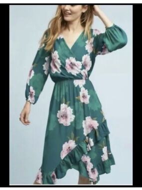 Plenty by Tracy Reese Green Floral Wrap Midi Dress with Pink Blooms